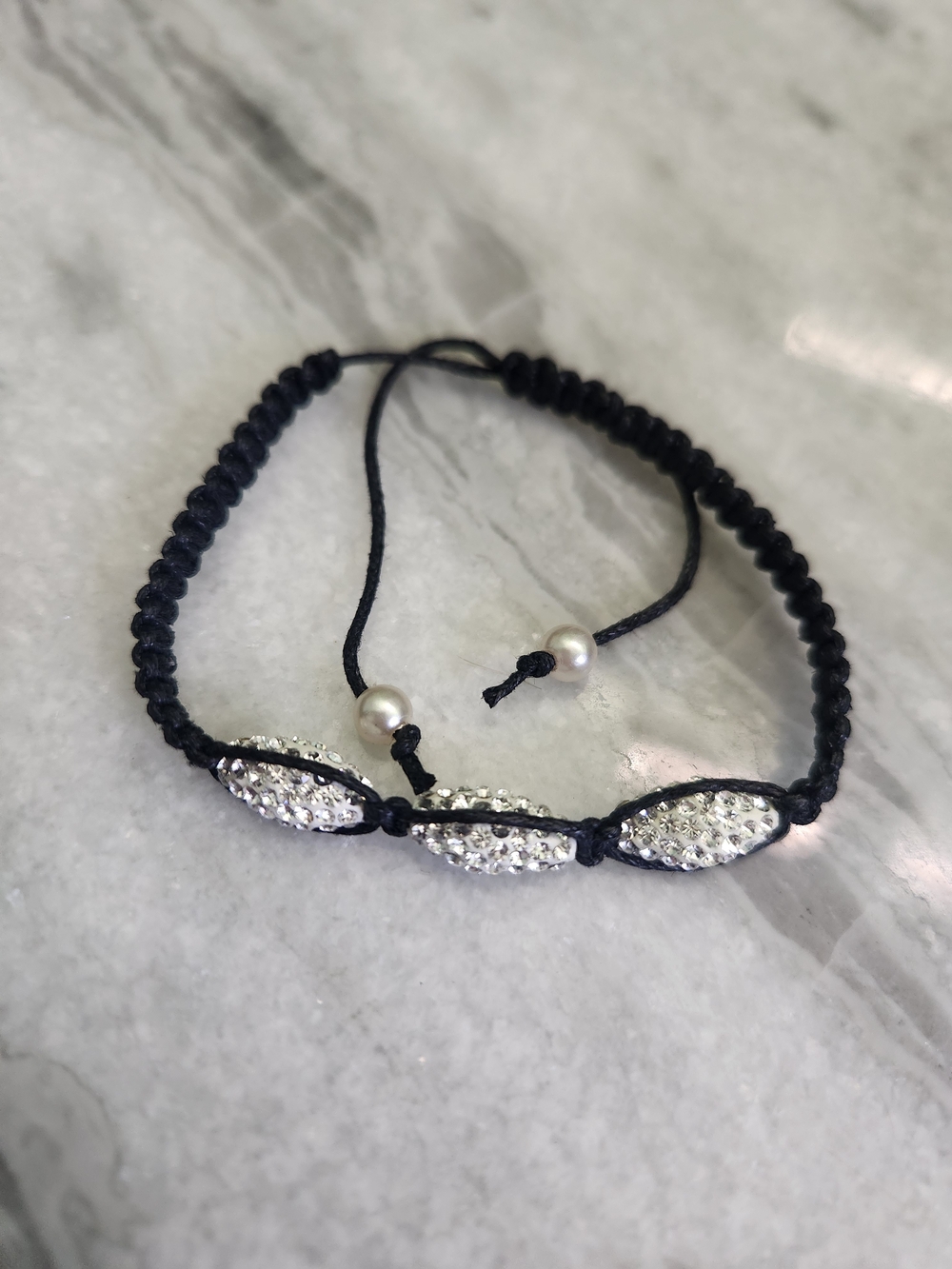 Black Macramé Bracelet with Silver Crystal Beads